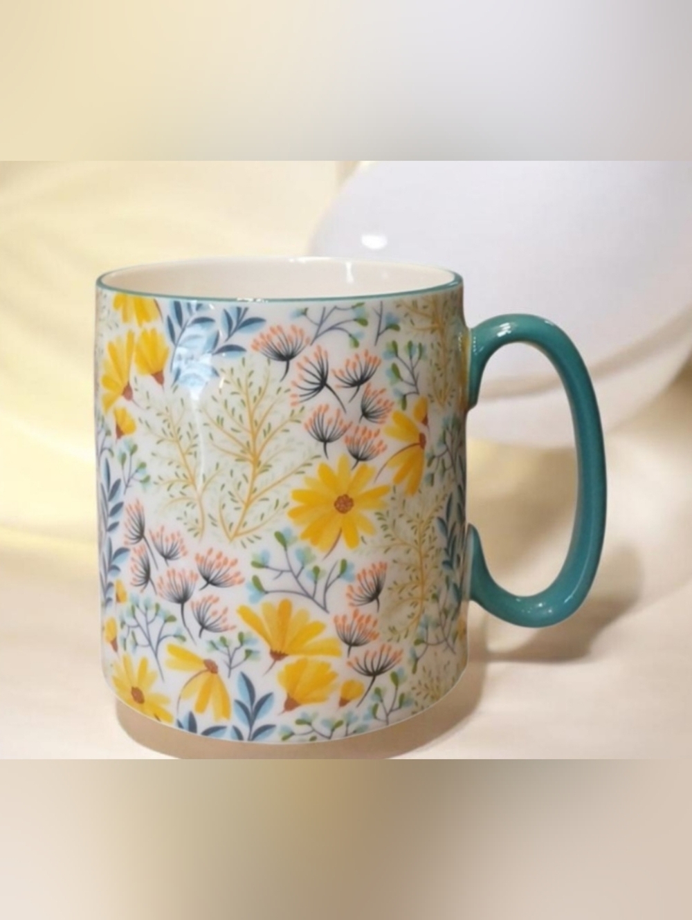 Floral Ceramic Coffee Mug with Teal Handle - Yellow Flower Pattern